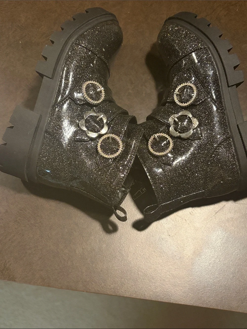 Justice Girls Black Glitter Buckle Ankle Boots
